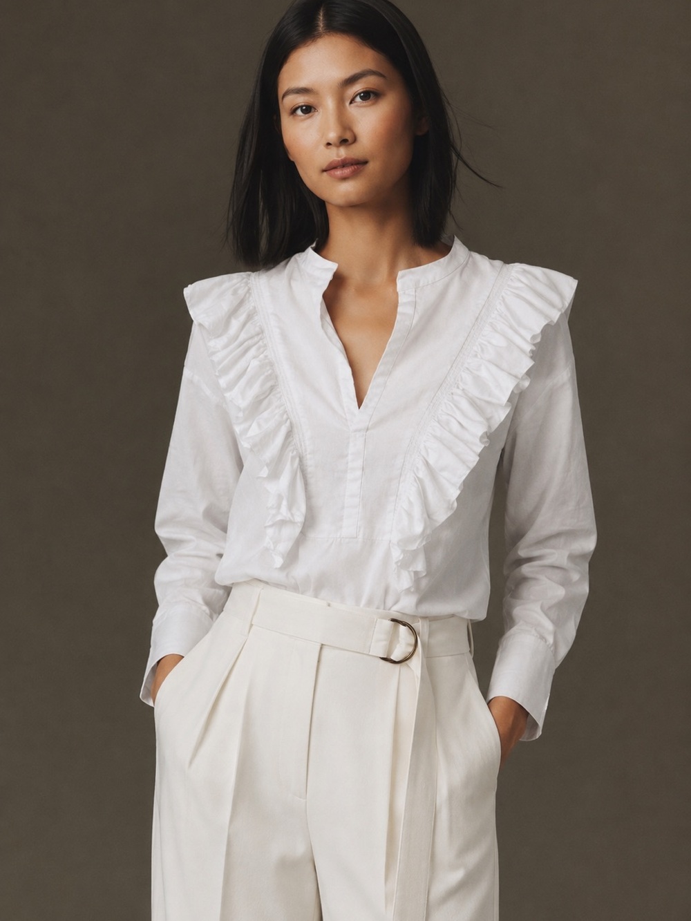 Acler Ivory Ruffle Blouse Cotton V Neck Long Sleeve Size 6